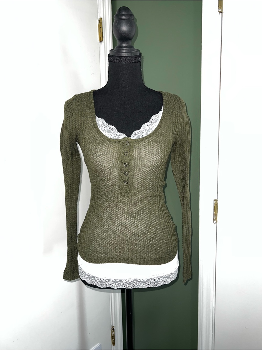 Olive Green Waffle Knit Henley Long Sleeve Top